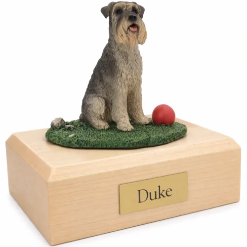 Memorial cremation urn with sitting gray ears down Schnauzer dog figurine, maple finish