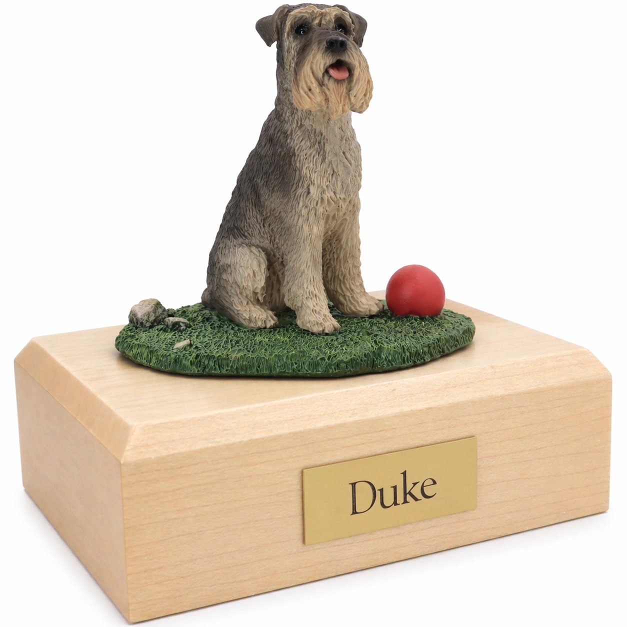 Memorial cremation urn with sitting gray ears down Schnauzer dog figurine, maple finish