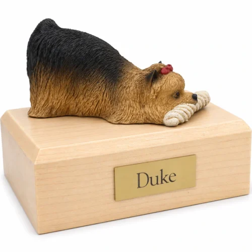 Memorial cremation urn with Yorkshire Terrier (Yorkie) dog figurine, maple finish