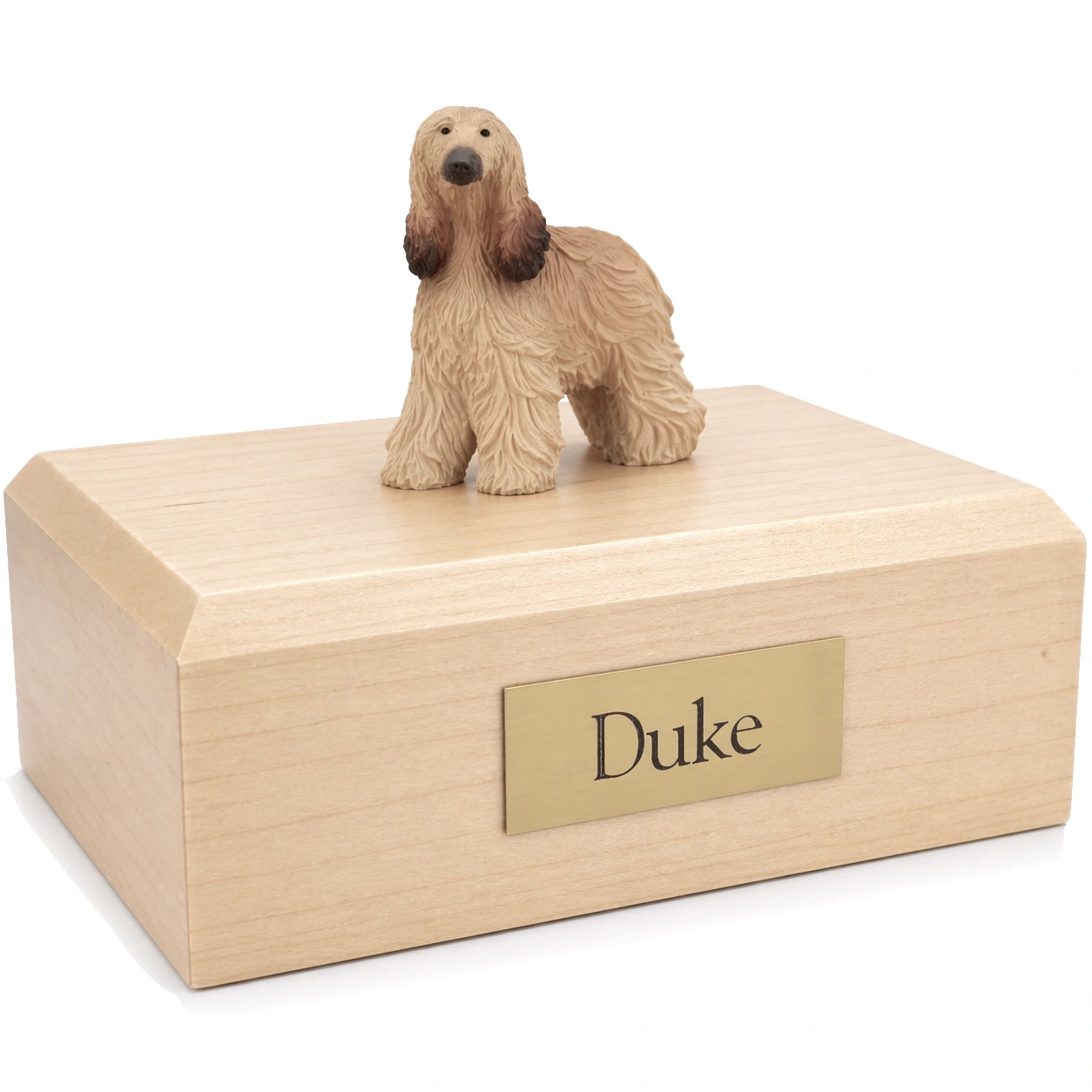 Memorial cremation urn with standing Afghan Hound dog figurine, maple finish