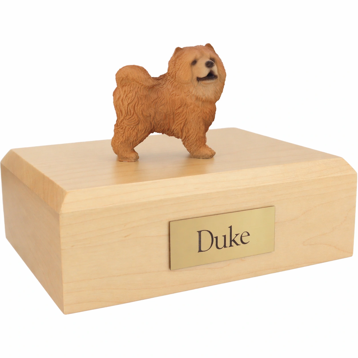 Memorial cremation urn with standing red Chow Chow dog figurine, maple finish