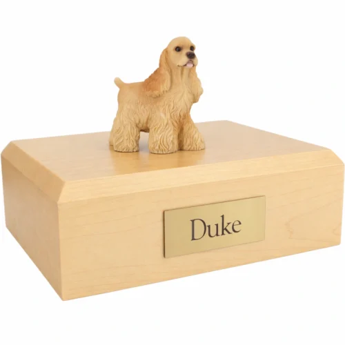 Memorial cremation urn with standing buff Cocker Spaniel dog figurine, maple finish