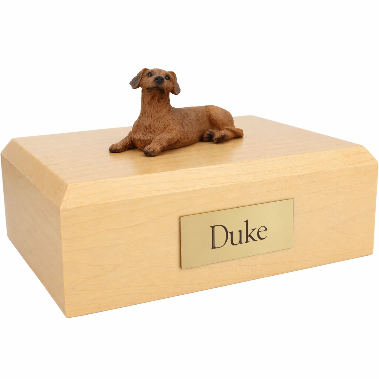 Memorial cremation urn with laying red Dachshund dog figurine, maple finish