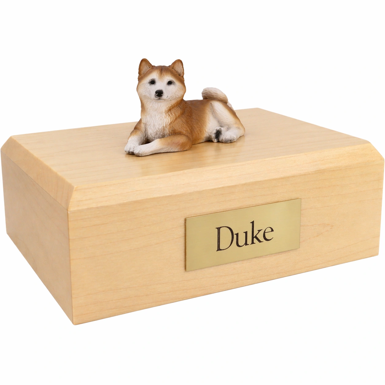 Memorial cremation urn with laying red Husky dog figurine, maple finish