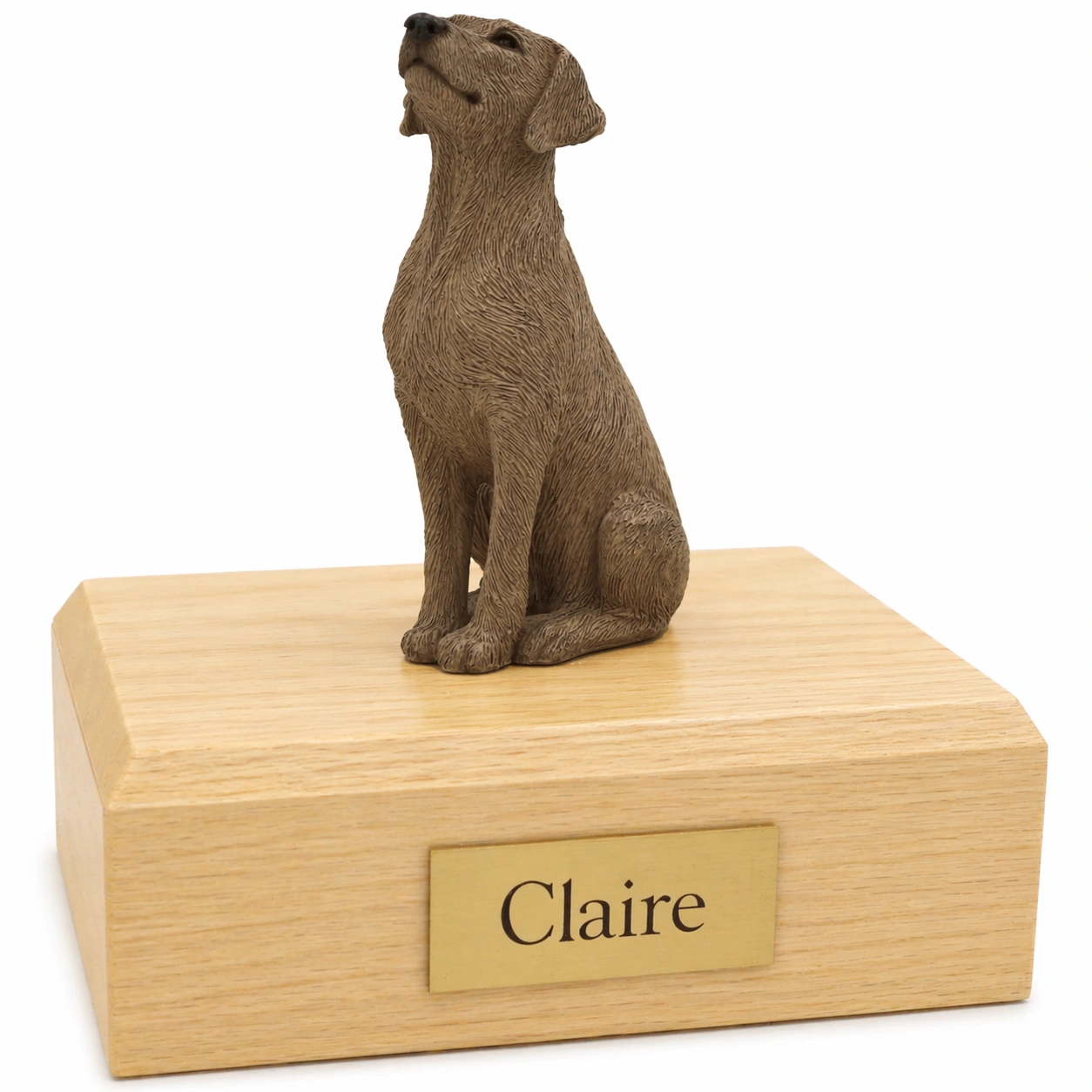 Memorial cremation urn with sitting Weimaraner dog figurine, maple finish