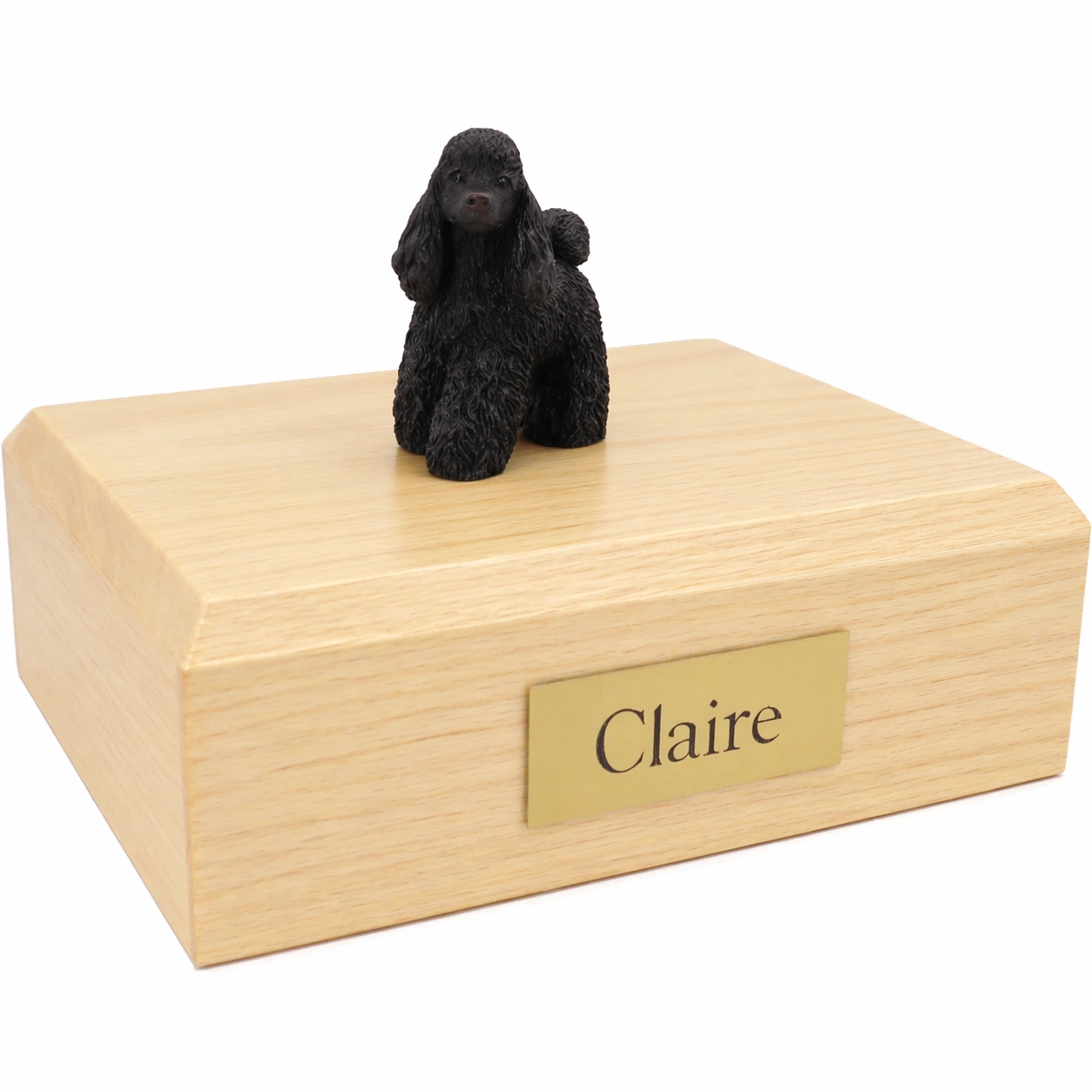 Memorial cremation urn with standing black Poodle dog figurine, maple finish