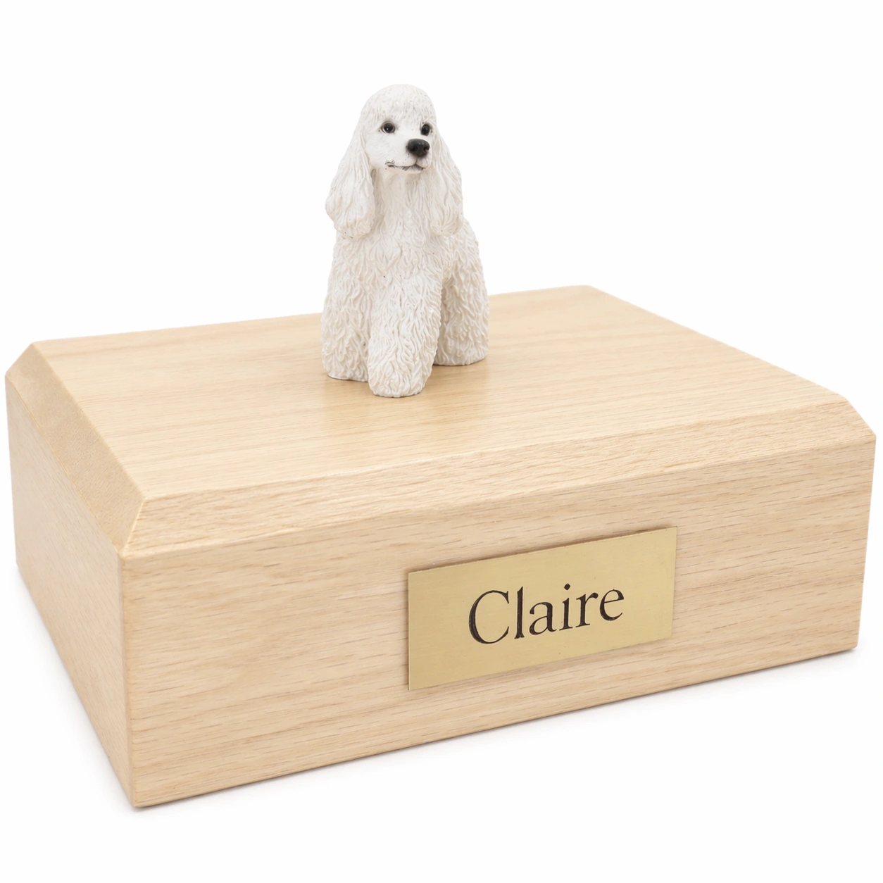 Memorial cremation urn with standing white Poodle dog figurine, maple finish