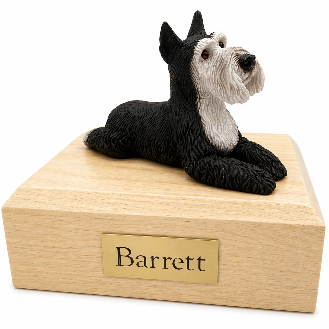 Memorial cremation urn with laying ears up silver & black Schnauzer dog figurine, maple finish