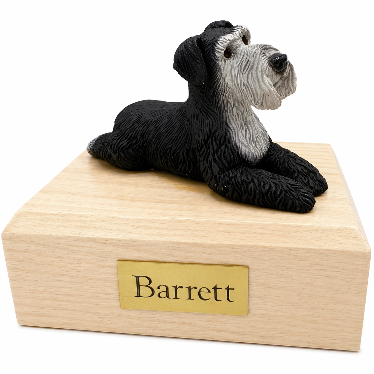 Memorial cremation urn with laying ears down silver & black Schnauzer dog figurine, maple finish
