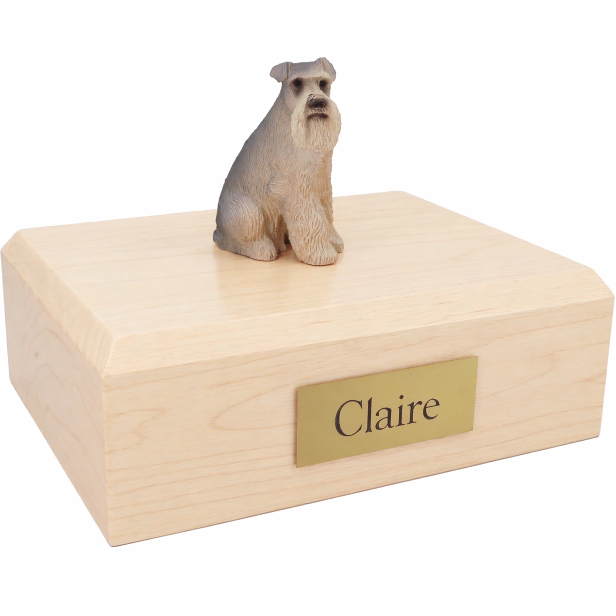 Memorial cremation urn with sitting ears down gray Schnauzer dog figurine, maple finish