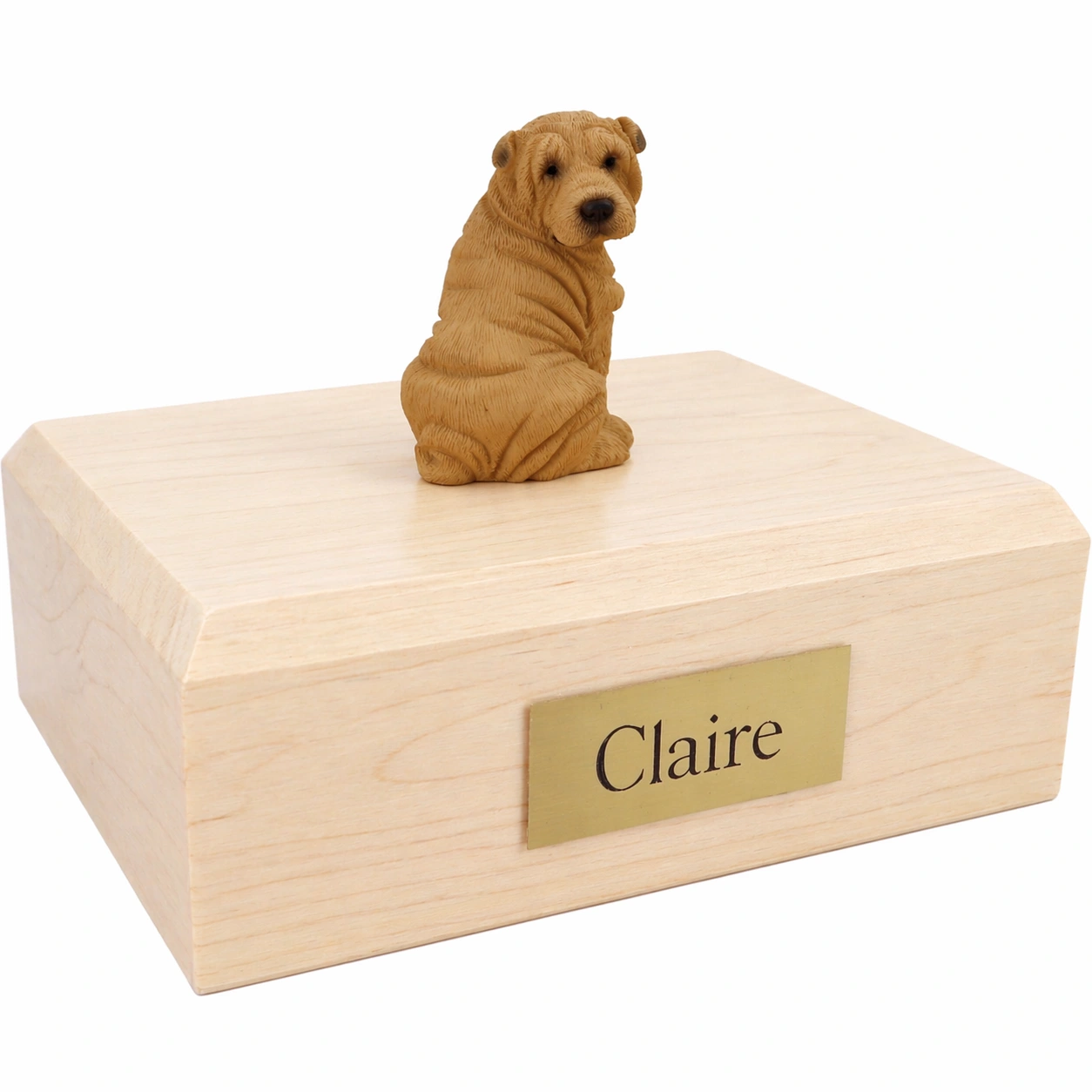 Memorial cremation urn with tan Shar Pei dog figurine, maple finish