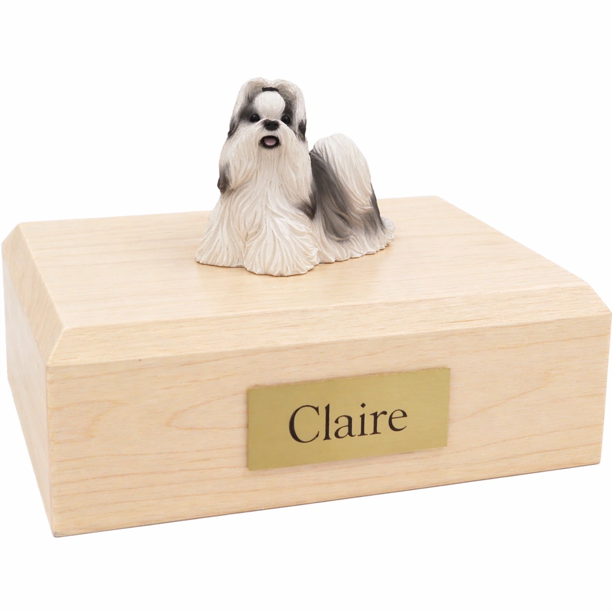 Memorial cremation urn with black and white Shih Tzu dog figurine, maple finish