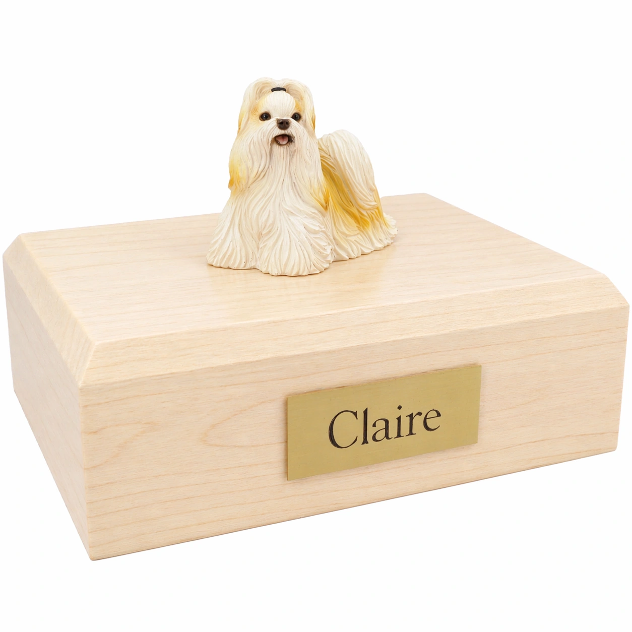 Memorial cremation urn with gold and white Shih Tzu dog figurine, maple finish