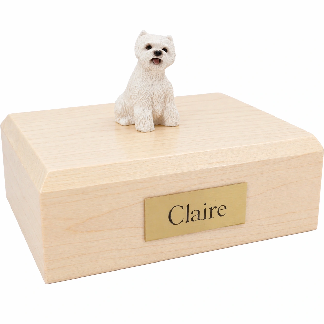 Memorial cremation urn with sitting West Highland Terrier (Westie) dog figurine, maple finish
