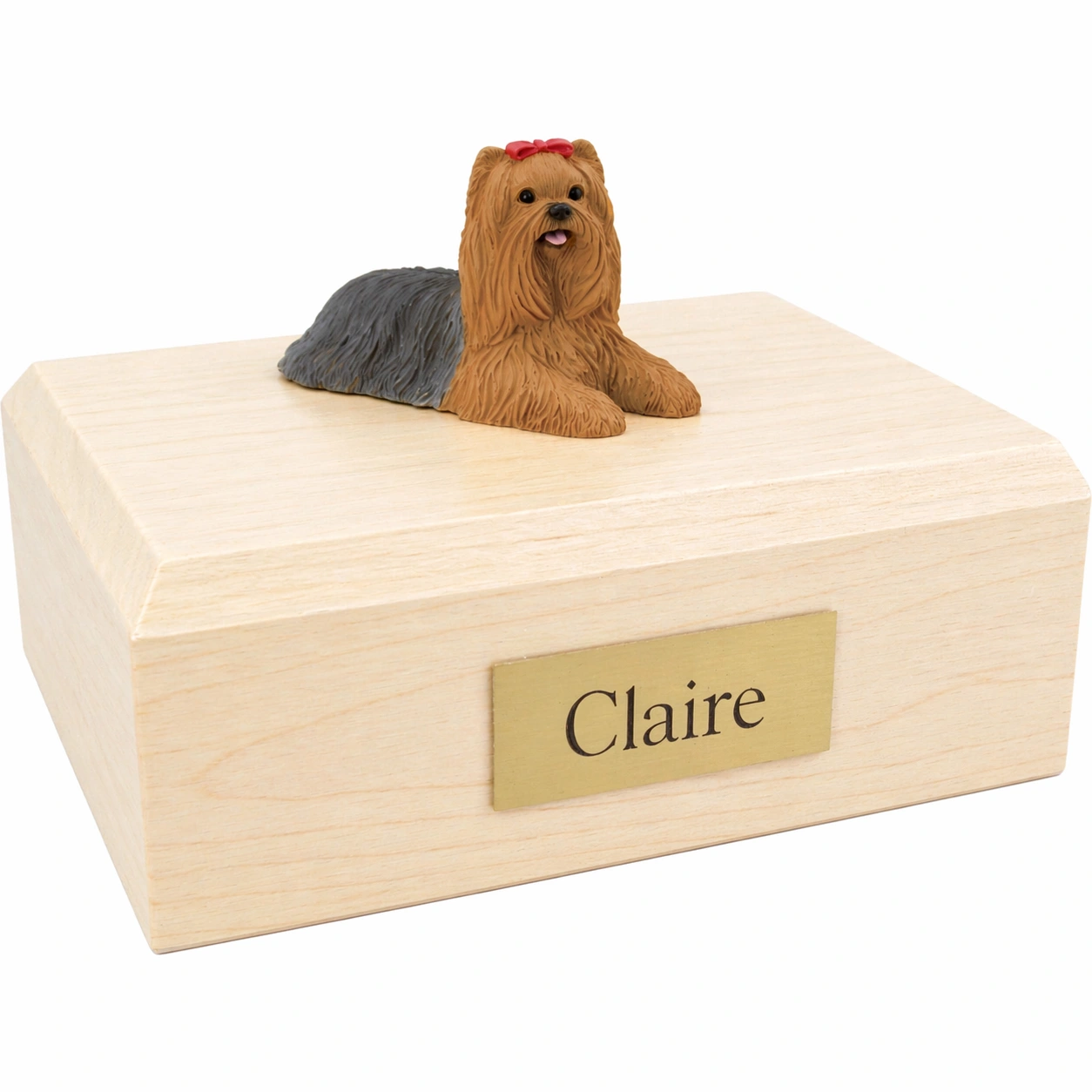 Memorial cremation urn with laying Yorkshire Terrier (Yorkie) dog figurine, maple finish