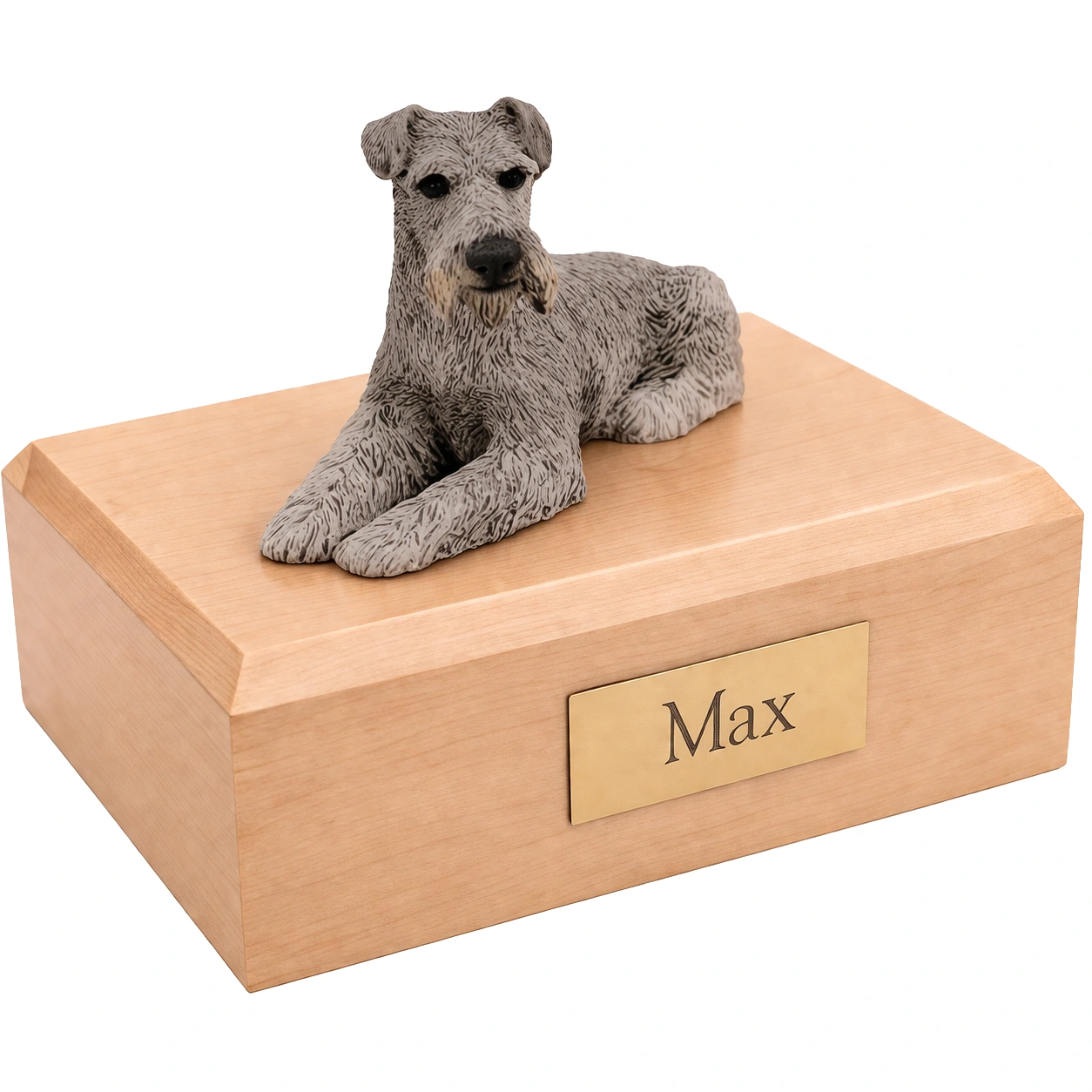 Memorial cremation urn with laying ears down silver Schnauzer dog figurine, maple finish