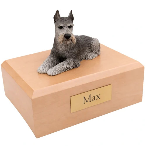 Memorial cremation urn with laying ears up black and silver Schnauzer dog figurine, maple finish