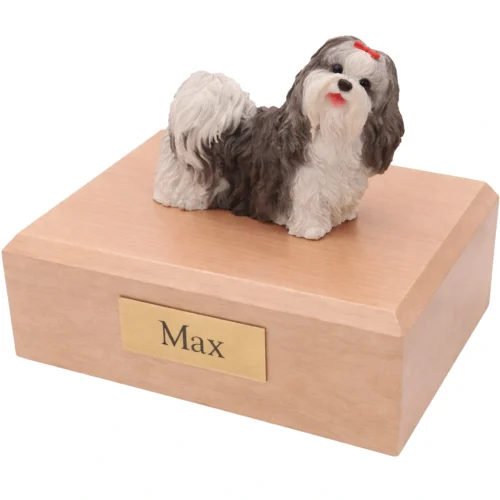 Memorial cremation urn with standing Shih Tzu dog figurine, maple finish