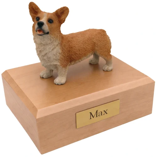 Memorial cremation urn with standing Welsh Corgi dog figurine, maple finish