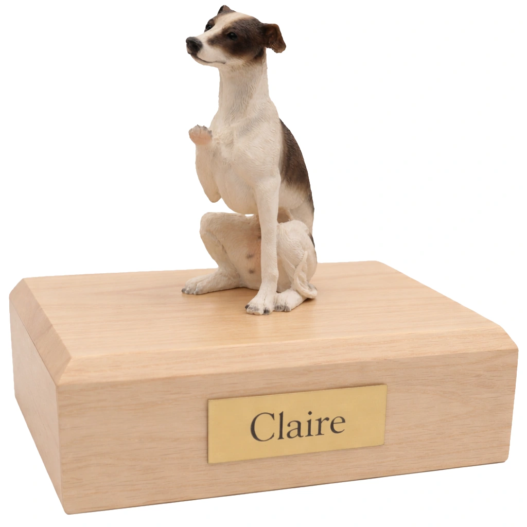 Memorial cremation urn with sitting brown and white Whippet dog figurine, maple finish