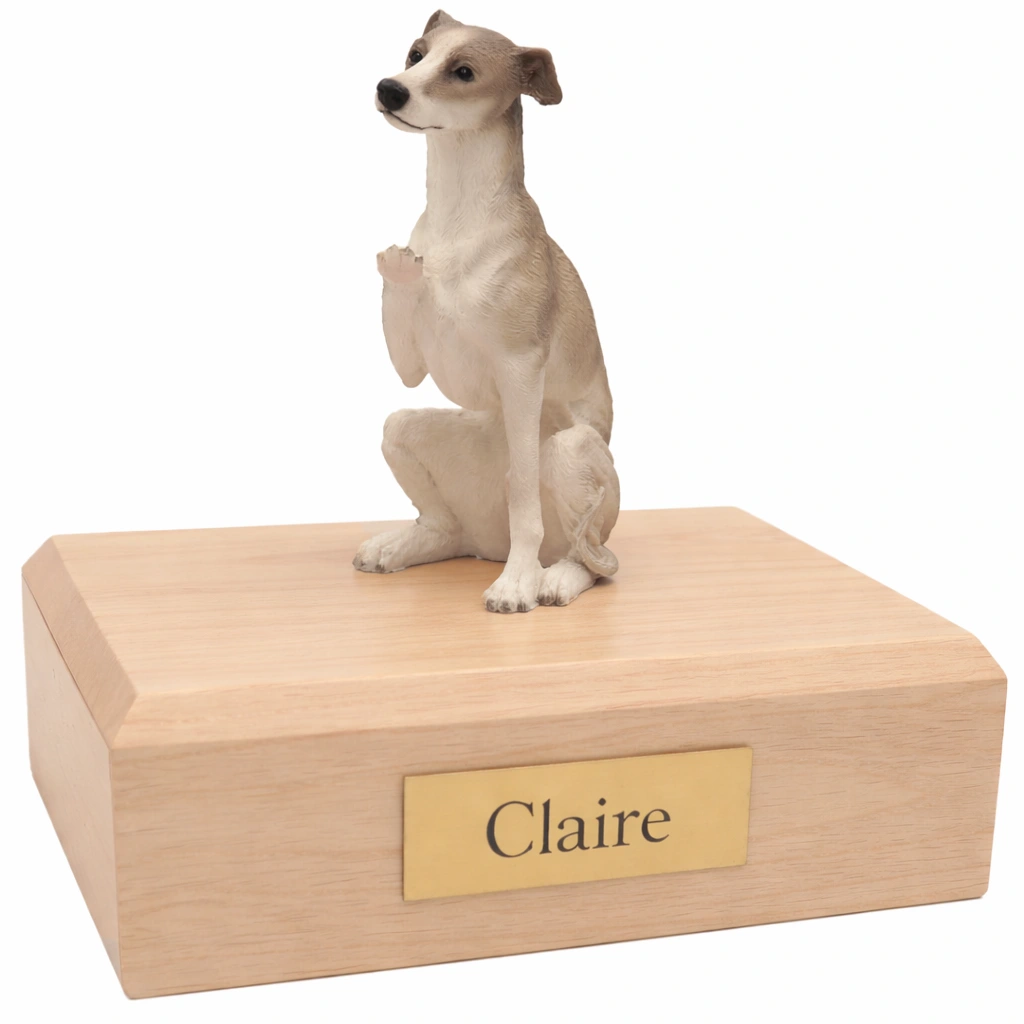 Memorial cremation urn with sitting gray and white Whippet dog figurine, maple finish