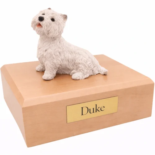 Memorial cremation urn with sitting West Highland Terrier dog figurine, maple finish