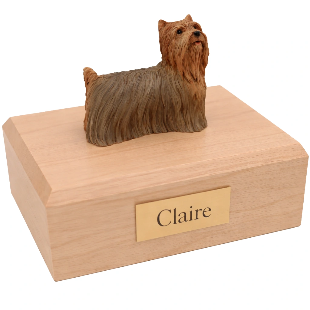 Memorial cremation urn with standing Yorkshire Terrier dog figurine, oak finish