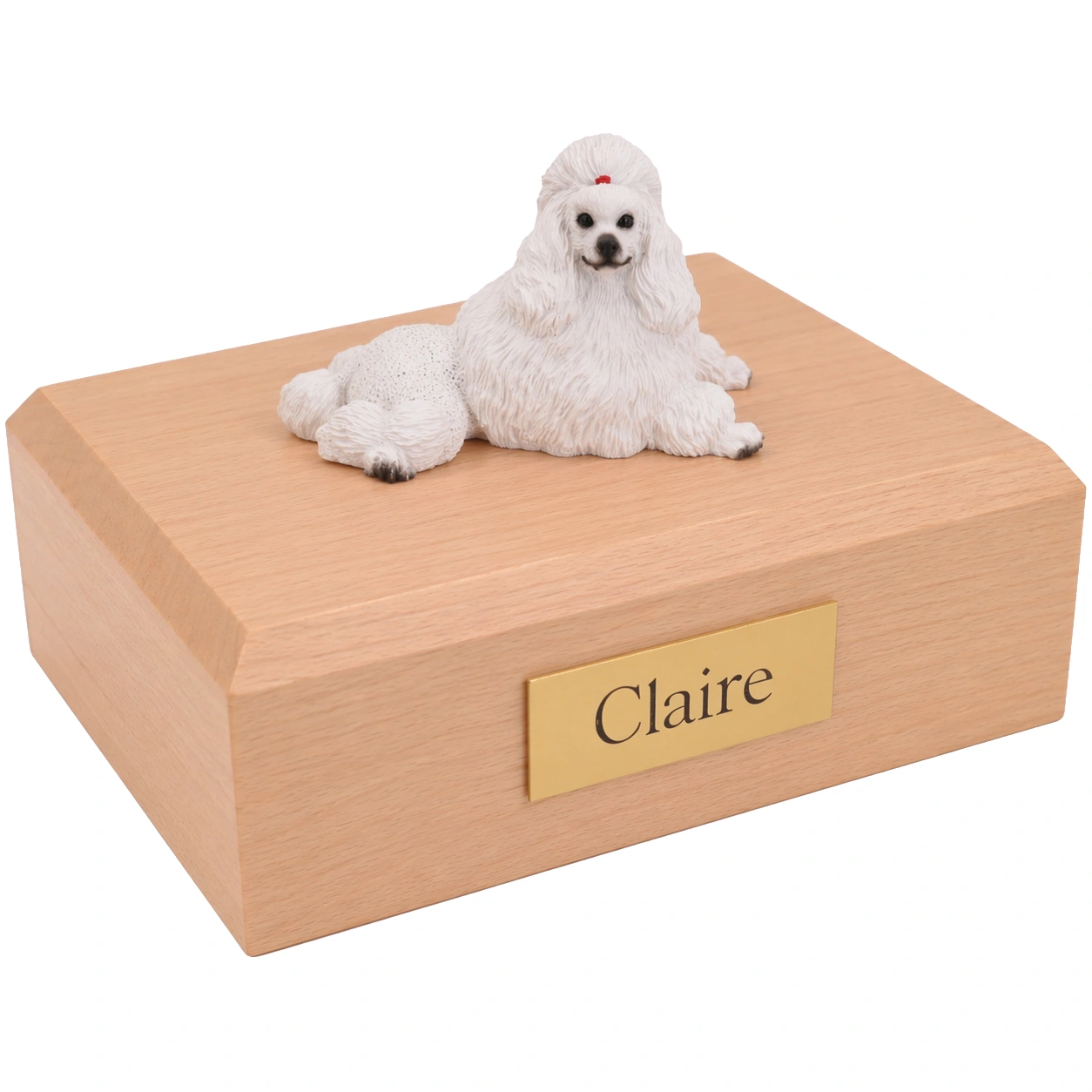 Memorial cremation urn with laying white Poodle dog figurine, maple finish