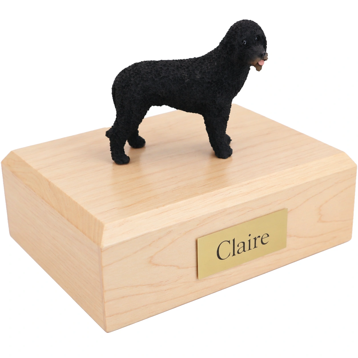 Memorial cremation urn with standing black Portuguese Water dog figurine, maple finish