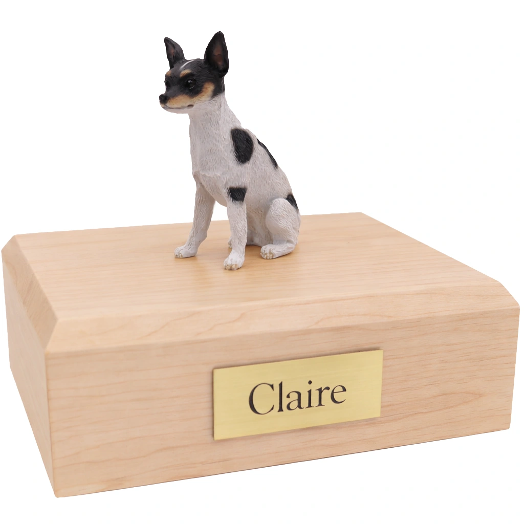 Memorial cremation urn with sitting Rat Terrier dog figurine, maple finish