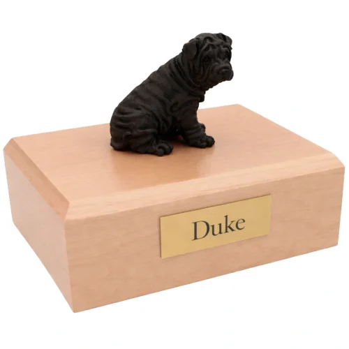 Memorial cremation urn with sitting black Shar Pei dog figurine, maple finish