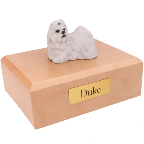 Memorial cremation urn with standing white Shih Tzu dog figurine, maple finish
