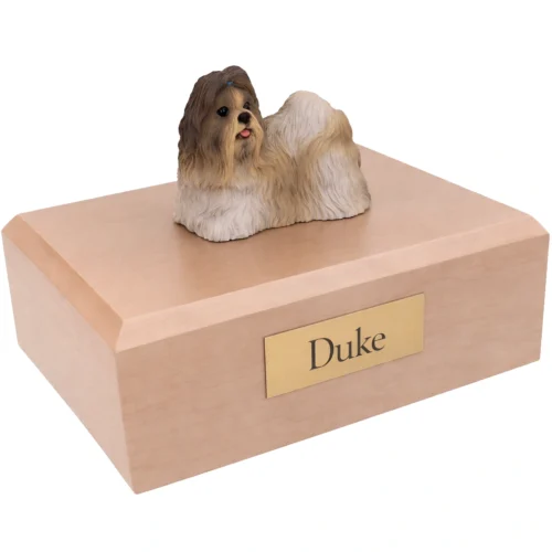 Memorial cremation urn with standing gray and white Shih Tzu dog figurine, maple finish