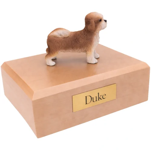 Memorial cremation urn with standing tan Puppycut Shih Tzu dog figurine, maple finish