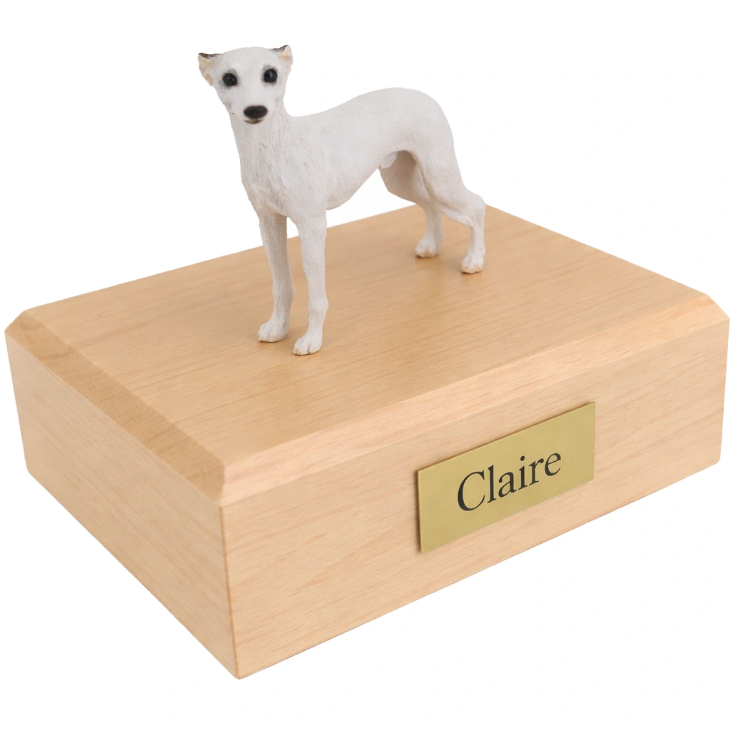 Memorial cremation urn with standing white Whippet dog figurine, maple finish