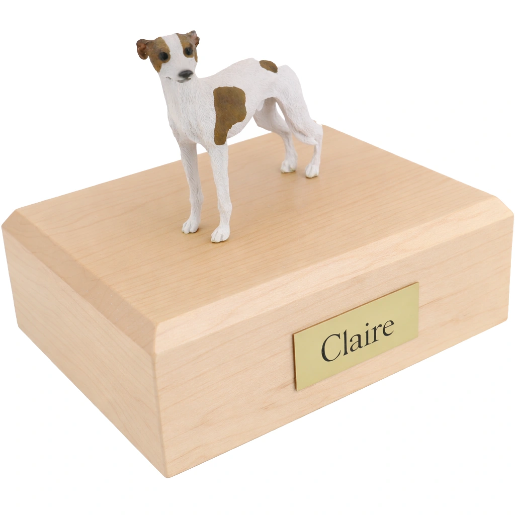 Memorial cremation urn with standing white brown spots Whippet dog figurine, maple finish