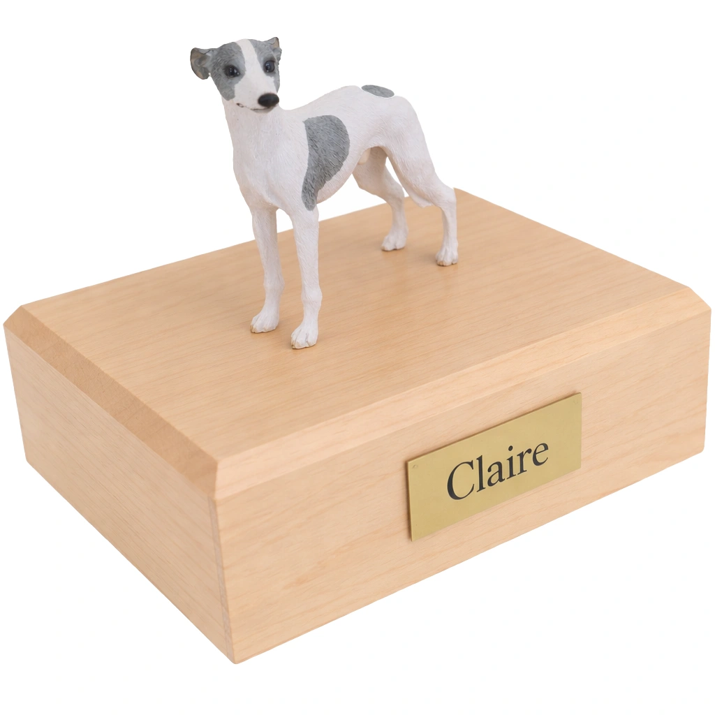 Memorial cremation urn with standing white gray spots Whippet dog figurine, maple finish