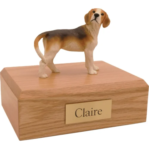 Memorial cremation oak finish urn with standing Beagle dog figurine