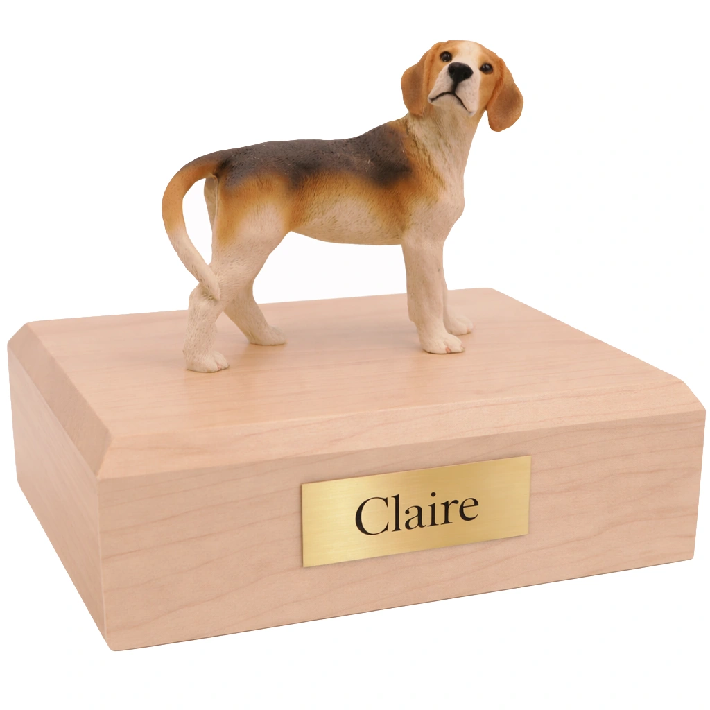 Memorial cremation urn with standing Beagle dog figurine, maple finish