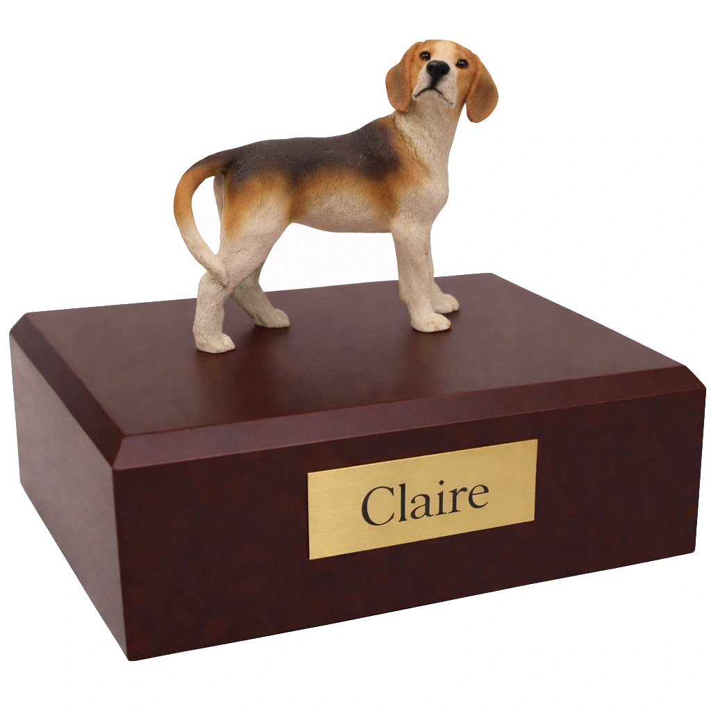 Memorial cremation urn with standing Beagle dog figurine, walnut finish
