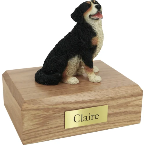 Memorial cremation urn with Bernese Mountain Dog dog figurine, oak finish