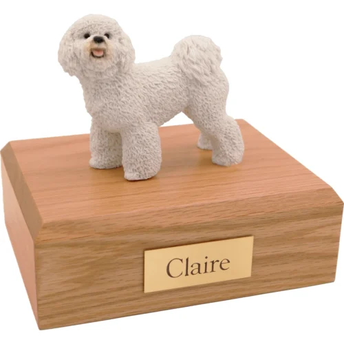 Memorial cremation oak finish urn with standing Bichon Frise dog figurine