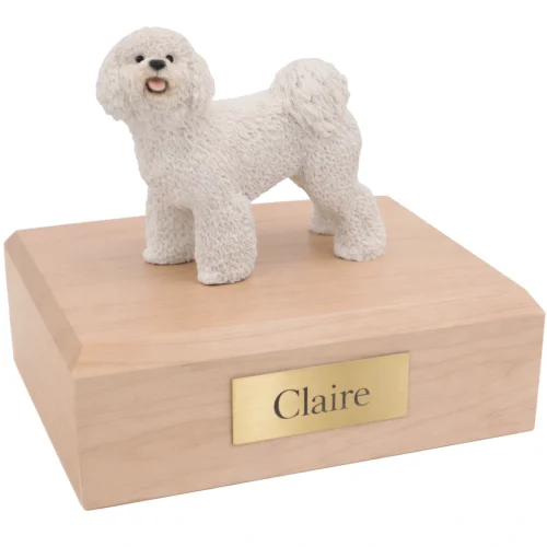 Memorial cremation urn with standing Bichon Frise dog figurine, maple finish
