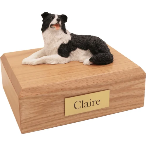 Memorial cremation oak finish urn with laying Border Collie dog figurine