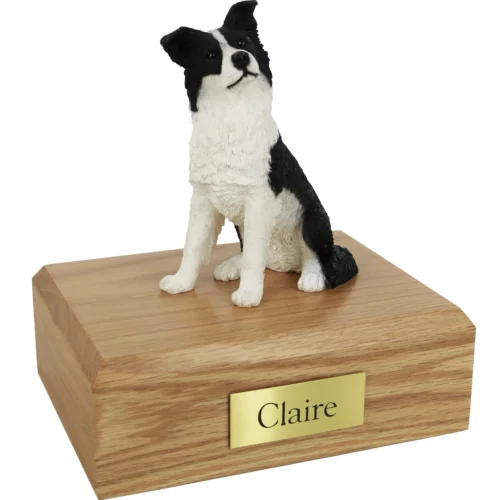 Memorial cremation urn with Border Collie dog figurine, oak finish
