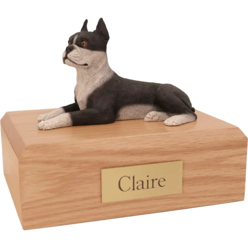 Memorial cremation oak finish urn with laying Boston Terrier dog figurine