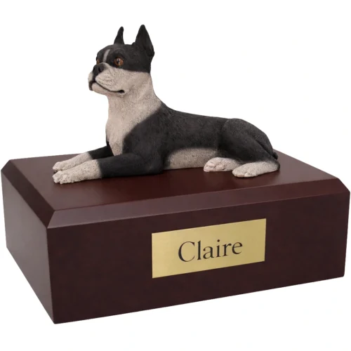 Memorial cremation urn with sitting Boston Terrier dog figurine, walnut finish