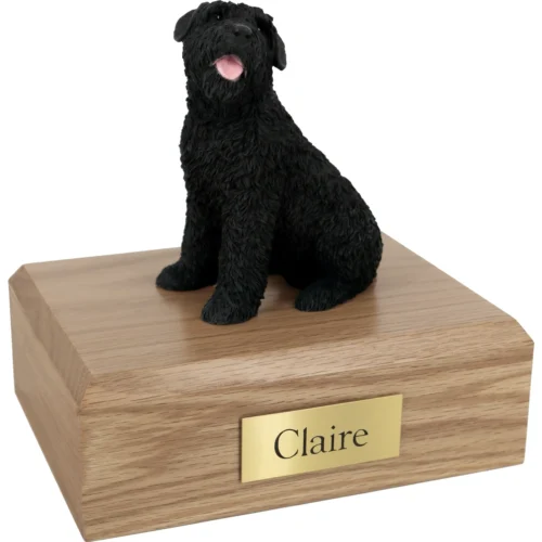 Memorial cremation urn with Bouvier dog figurine, oak finish