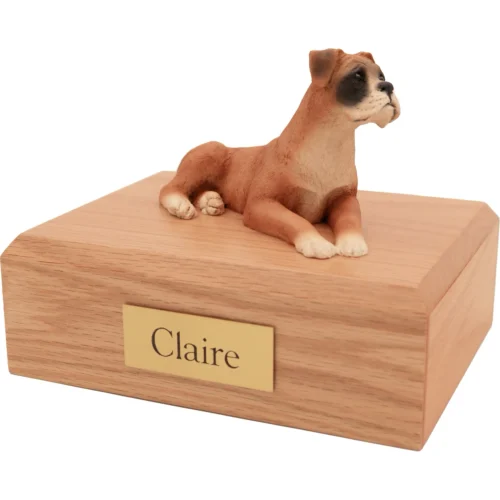 Memorial cremation oak finish urn with laying ears down Boxer dog figurine