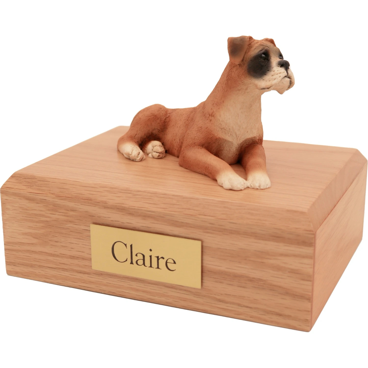 Memorial cremation oak finish urn with laying ears down Boxer dog figurine